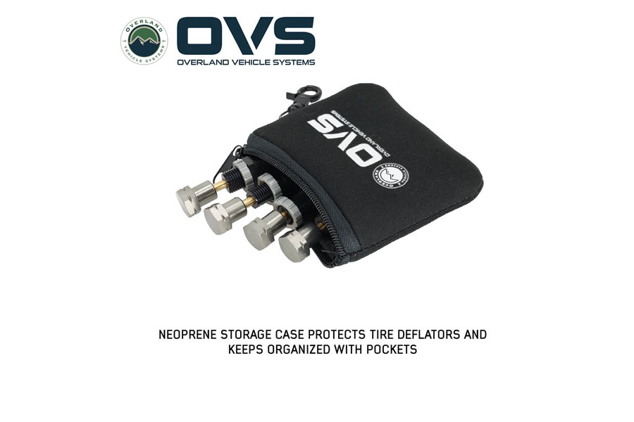 Overland Vehicle Systems 4 Piece Adjustable Tire Deflator Kit & Storage Bag - PSI 10-30lbs