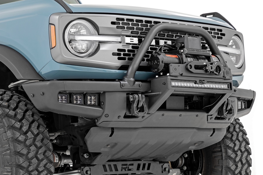 Rough Country High Winch Mount w/ PRO9500S Winch and 20in DRL Light Bar - Bronco 2021+ w/ Factory Steel Bumper