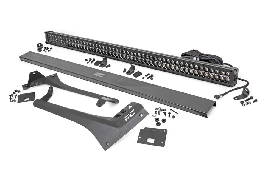 Rough Country Upper Windshield Kit w/ 50in Dual-Row Black Series LED Light Bar - Amber DRL  - JT/JL