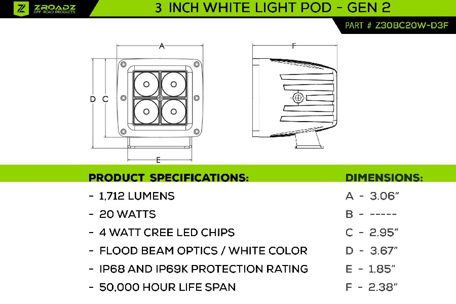 ZROADZ 3-inch LED Light Pod Kit, G2 Series, Bright White, Flood Beam, 2 Piece With Wiring Harness