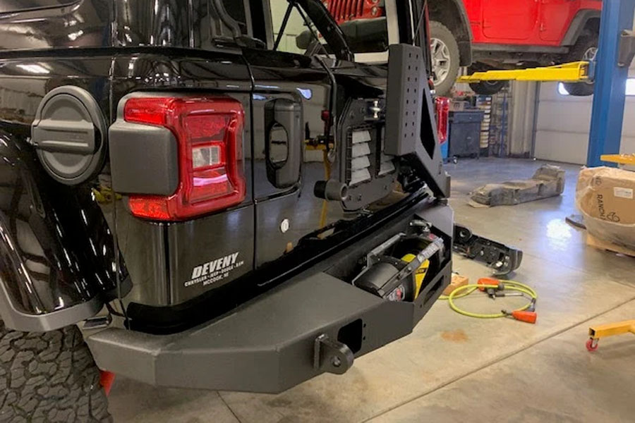 Next Venture Motorsports Scout Series Rear Winch Bumper w/ Tire Carrier - Bare w/ Backup-Sensor Cutouts - JL