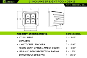 ZROADZ 3 inch ZROADZ LED Light Pod Kit, G2 Series, Amber, Flood Beam, 2 Piece Kit With Wiring Harness