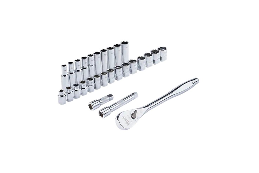 Milwaukee Tool 28 pc 1/2in Drive Metric Ratchet and Socket Set with Four Flat Sides