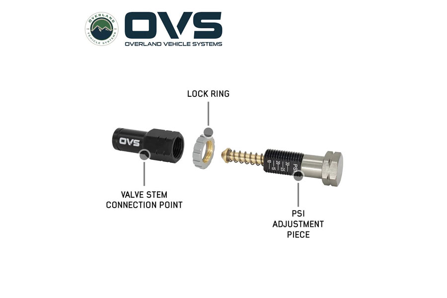 Overland Vehicle Systems 4 Piece Adjustable Tire Deflator Kit & Storage Bag - PSI 10-30lbs
