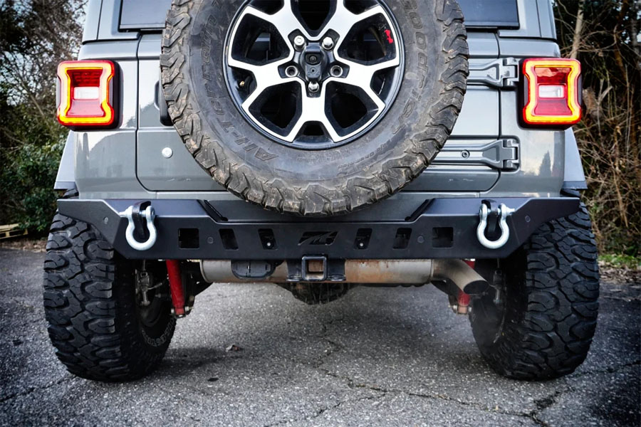 Motobilt Crusher Rear Bumper w/ Light Mounts w/ Spare Tire Cutout - JL 