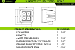 ZROADZ 3-inch LED Light Pod Set, G2 Series, Bright White, Flood Beam, 2 Piece