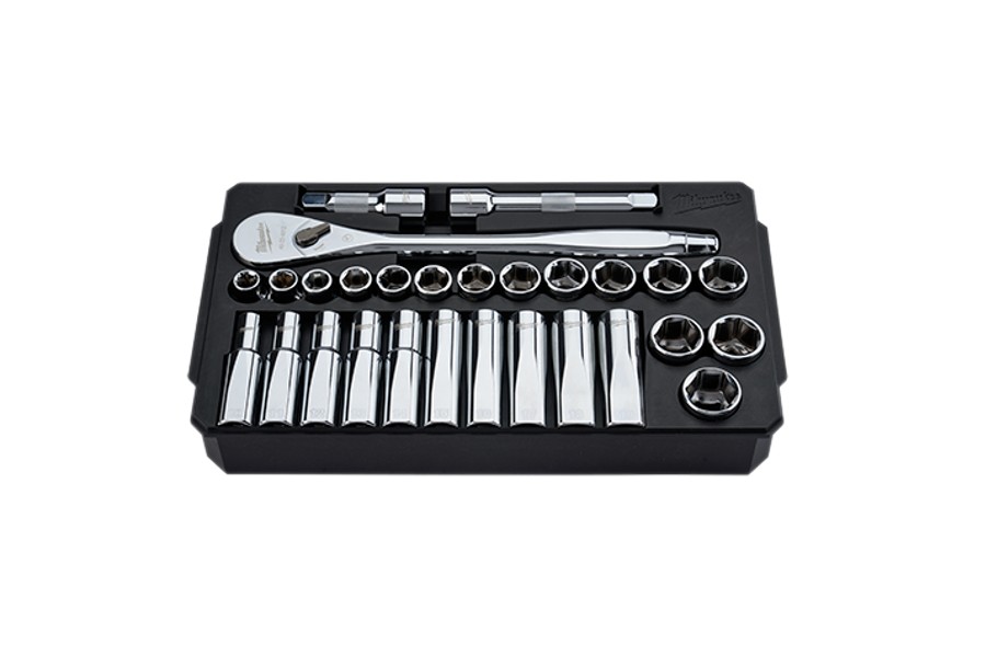 Milwaukee Tool 28 pc 1/2in Drive Metric Ratchet and Socket Set with Four Flat Sides