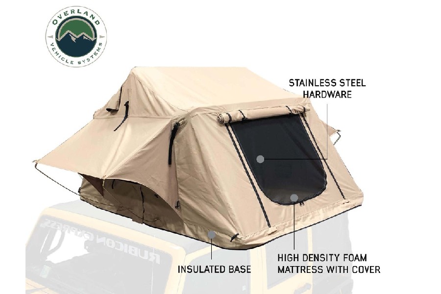 Overland Vehicle Systems TMBK 3+ Person Roof Top Tent - Tan Base, Green Rain Fly