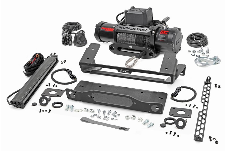 Rough Country High Winch Mount w PRO9500S Winch and 20in DRL Light Bar