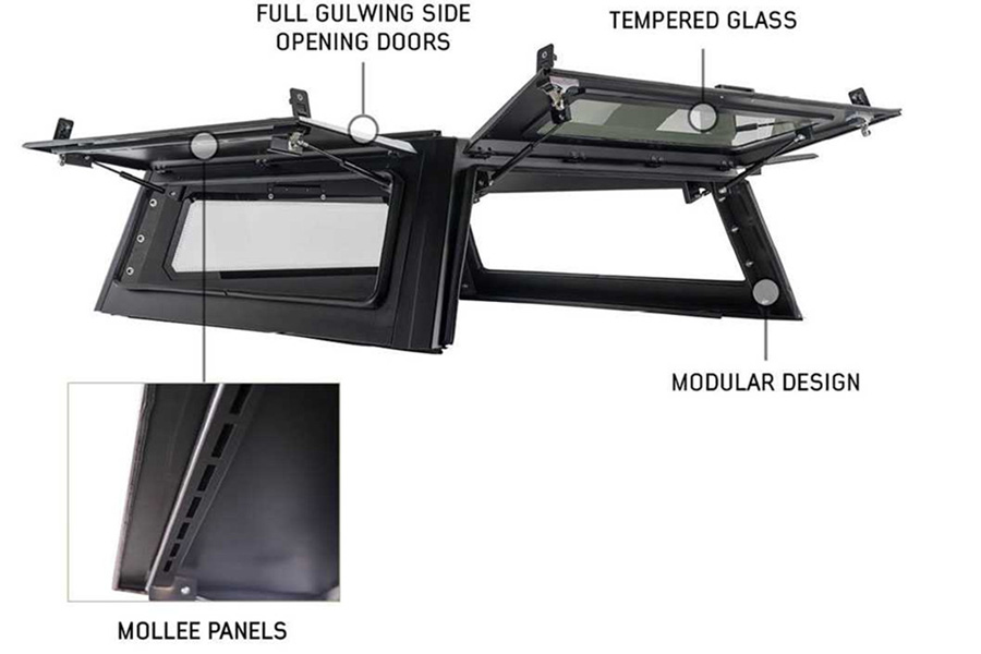 Overland Vehicle Systems Expedition Truck Cap w/Full Wing Doors, Front/Rear Windows, 3rd Brake Light - JT