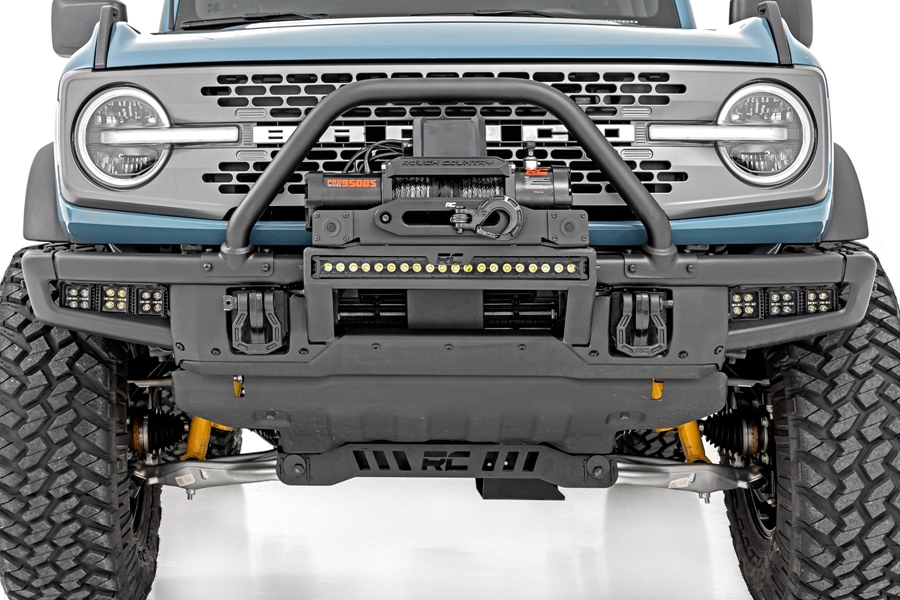 Rough Country High Winch Mount w/ PRO9500S Winch and 20in DRL Light Bar - Bronco 2021+ w/ Factory Steel Bumper