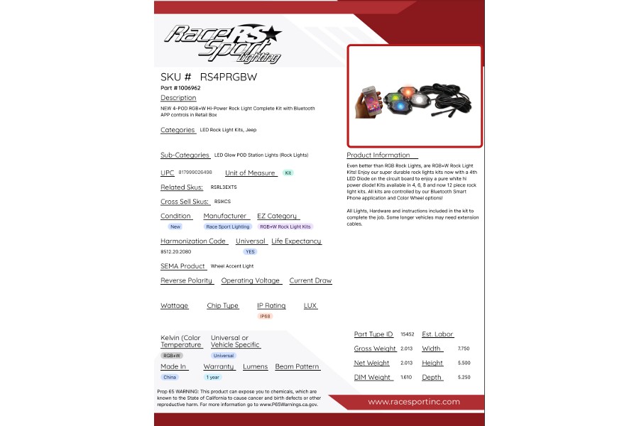 Race Sport Lighting 4-POD RGBW Hi Power Rock Light Complete Kit with Bluetooth APP 