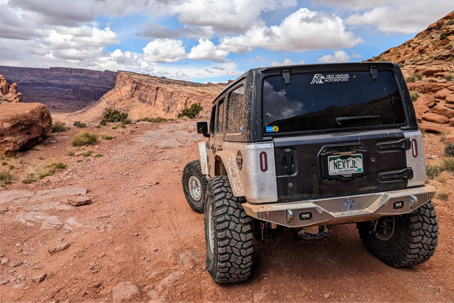 Next Venture Motorsports Rear Aluminum Corner Armor w/ Round Tail Light LED & Factory Fuel Door Cutouts - JL 4DR