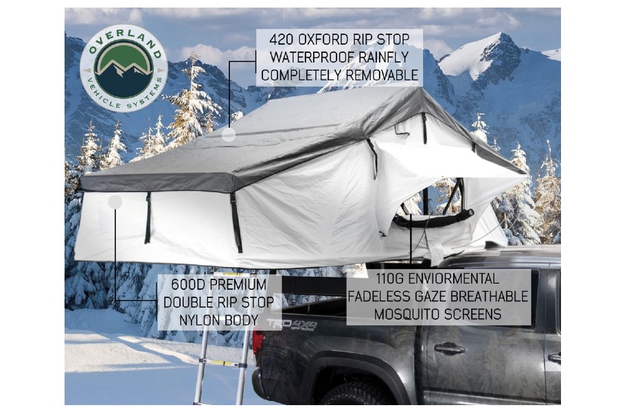 Overland Vehicle Systems Nomadic 3 Extended White Roof Top Tent –  W/  Dark Grey Rain Fly & Black Cover