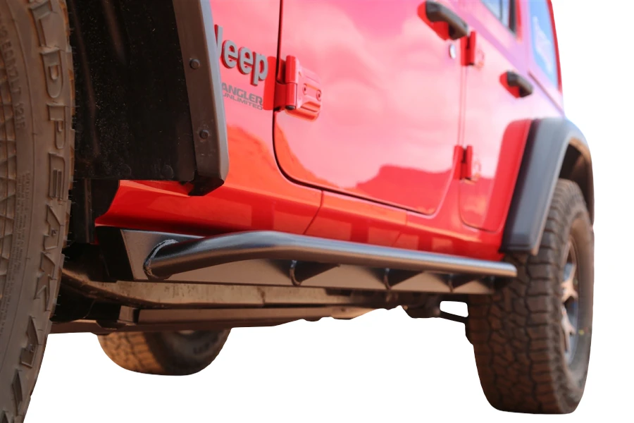 Rock Hard 4x4 Patriot Series Tube Slider Rocker Guards - Angled Up JL 4dr